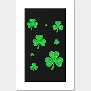 St Patricks Day, 3 Leaf Bright Green Faux Glitter Clovers Posters and Art